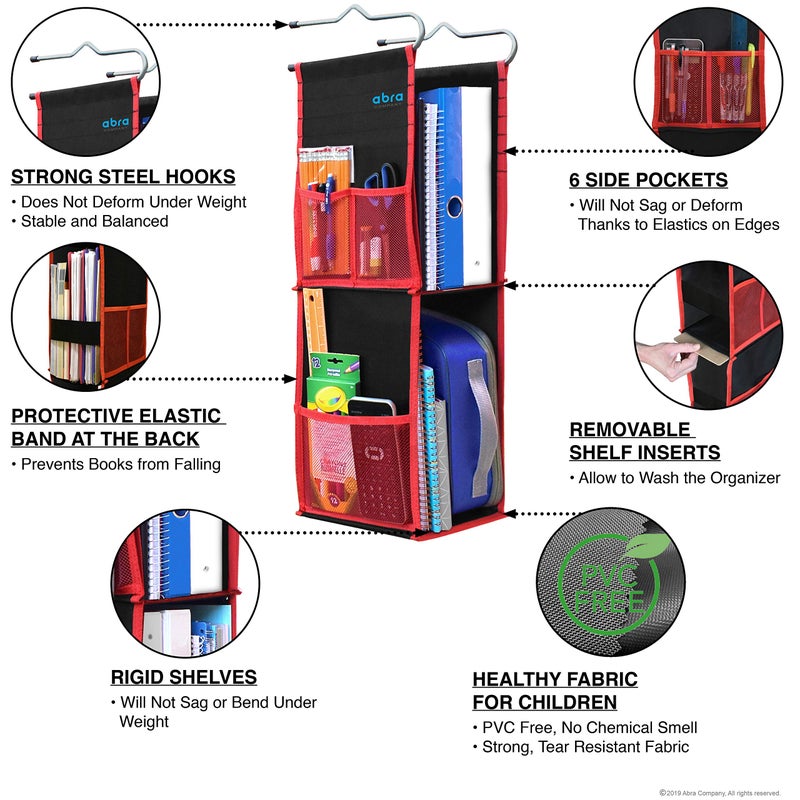 ABRAÂ® 2 Shelf Hanging Locker Organizer for School, Work, Gym, Storage | Deep Shelves 6.5â€x 9â€| Eco-Friendly Fabric Healthy for Children (Black/Red) - Image 4